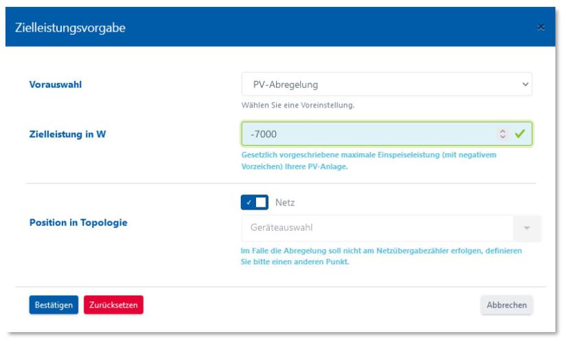 Zielleistungsvorgabe PV-Abregelung, -7000 W